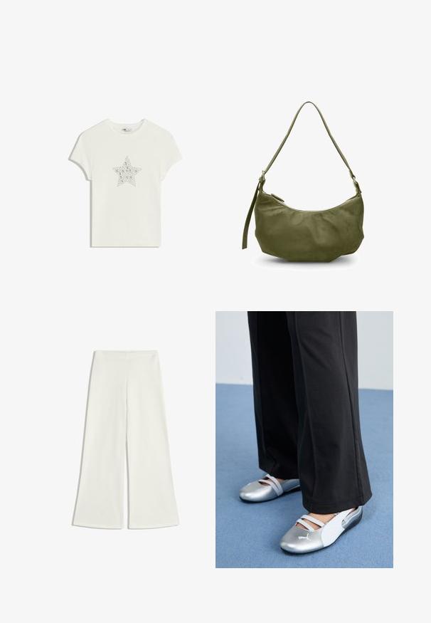 Biała bawełniana koszulka z centralnym wzorem w kształcie gwiazdy zdobionym kryształkami, krótki rękaw, okrągły dekolt. Miękka tekstura, luźny krój.; Białe spodnie o szerokich nogawkach wykonane z gładkiego materiału. Posiadają wysoką talię i brak widocznych szwów, co tworzy czystą sylwetkę.; Srebrno-białe płaskie buty z krzyżującymi się paskami i fakturowanym wykończeniem, zestawione z luźnymi czarnymi spodniami. Na tle niebieskiej podłogi.; Oliwkowa skórzana torba na ramię o zakrzywionym kształcie, z zapięciem na zamek błyskawiczny i regulowanym paskiem. Gładka textura z minimalnymi akcentami metalowymi.