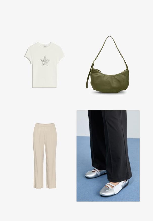 Hvid bomulds t-shirt med et centralt stjernedesign lavet af rhinsten, korte ærmer og rund halsudskæring. Blød tekstur, afslappet pasform.; Beige, lette, vide benbukser lavet af et struktureret stof med en elastisk talje og uden synlige lukninger.; Sølv- og hvide flade sko med krydsede stropper og tekstureret detaljering, suppleret med løse sorte bukser. Sat mod en blå gulv.; Olivengrøn læder skuldertaske med en buet form, lynlåslukning og justerbar rem. Glat tekstur med minimale hardware detaljer.
