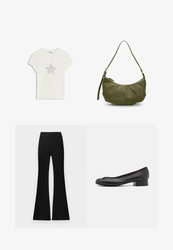Bijela pamučna majica s centralnim uzorkom zvijezde od cirkona, kratkim rukavima i okruglim izrezom. Mekana tekstura, ležeran kroj.; Crne rebraste hlače na zvono s glatkim pojasom. Izrađene od teksturiranog materijala, s blagim sjajem i malim logotipom kao detaljem.; Crne kožne baletanke s malim pravokutnim potpeticom, okruglim prstom, ukrasnom mašnom i elastičnom obrubom na otvaranju.; Maslinasto zelena kožna torba preko ramena s zakrivljenim oblikom, zatvaranjem na zip i podesivim remenom. Glatka tekstura s minimalnim metalnim detaljima.