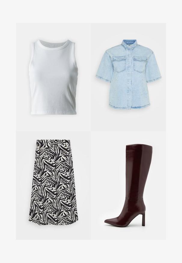 Hvit ribbet tanktop med rund halslinning og ermeløs design, med en rett kant og en glatt, elastisk tekstur.; Lys blå denimskjorte med korte ermer, som har to frontlommer og er dekorert med små sølvnitter over hele.; Svart-hvitt skjørt med et svirrende zebra mønster, med rett snitt og kant. Laget av et glatt, lett materiale.; Even&Odd Støvler - dark red