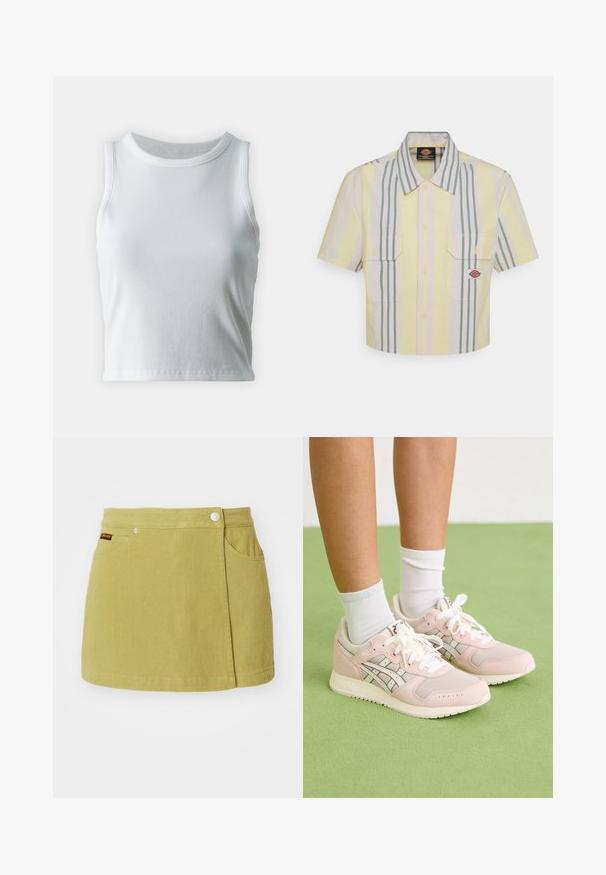 Top a canotta bianco a coste con scollatura rotonda e senza maniche, caratterizzato da un orlo dritto e una texture liscia e elastica.; Camicia a maniche corte tagliata in giallo chiaro con strisce verticali verdi e pastello. Presenta due tasche sul petto e una toppa con logo sulla tasca sinistra.; Gonna in denim verde con due tasche laterali, chiusura con bottoni frontale e taglio dritto. Caratterizzata da un piccolo logo del marchio sulla vita.; Scarpe da ginnastica rosa chiaro realizzate in rete e suede, con lacci bianchi, dettagli argentati e una suola texturizzata. Sono visibili calze bianche alla caviglia.