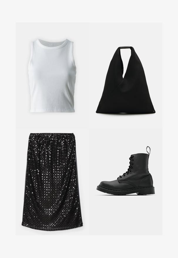 White ribbed tank top with a round neckline and sleeveless design, featuring a straight hem and a smooth, stretchy texture.; Black sequin skirt with an elastic waistband. Features a smooth texture, filled with shiny silver sequins creating a reflective surface.; Black leather combat boot with a round toe, lace-up front, and a pull tab at the ankle. Features a thick rubber sole for durability.; Black fabric tote bag with a unique V-shape design and a smooth texture. Features a short handle with minimalistic hardware detail.