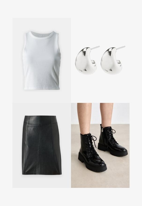 White ribbed tank top with a round neckline and sleeveless design, featuring a straight hem and a smooth, stretchy texture.; Black leather skirt with a fitted design. Smooth texture, seams outlining shape, and a straight hem. Minimalistic and sleek appearance.; Black patent leather ankle boots featuring thick rubber soles, lace-up front, and side zipper, accented with a soft lining just above the ankle.; Silver stud earrings with a smooth, curved design. They feature a polished finish and a post backing for secure wear.