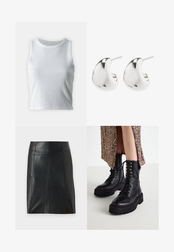 Hvid ribbet tanktop med rund halsudskæring og ærmeløs design, med en lige kant og en glat, strækbar tekstur.; Sort lædernederdel med en tætsiddende pasform. Glat tekstur, sømme der fremhæver formen, og en lige kant. Minimalistisk og strømlinet udseende.; Sorte læder kampstøvler med tykke gummisåler, snørebånd foran og metaløjer. Struktureret læder og kontrasterende platformdesign.; Sølv stud øreringe med et glat, buet design. De har en poleret overflade og en stift, der sikrer sikker bæring.