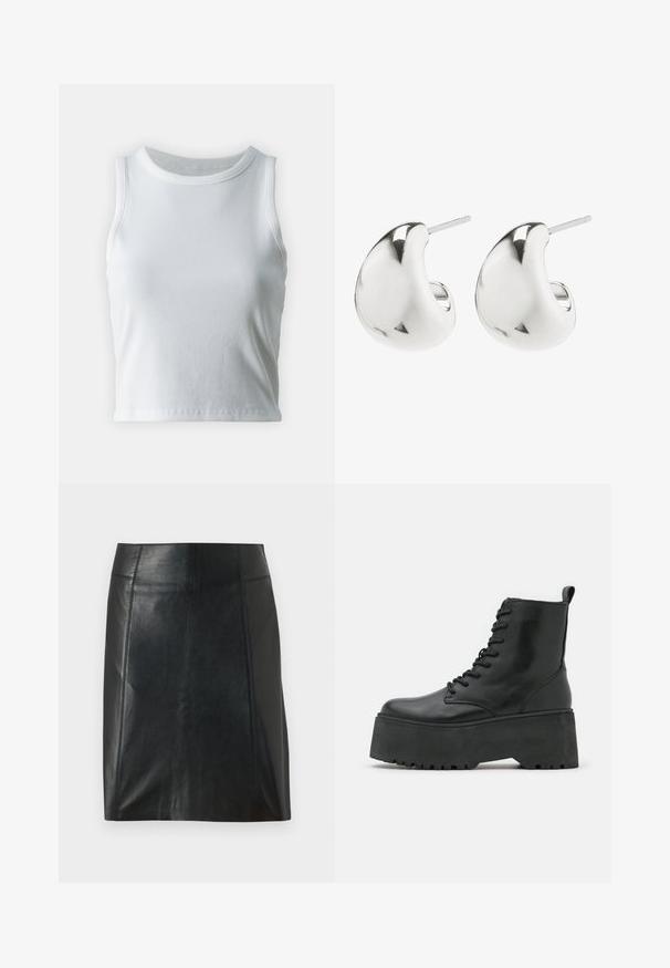 Bela rebrasta majica brez rokavov z okroglo izrezom, s pravo hem in gladko, elastično strukturo.; Črna usnjena krilo s prilegajočo zasnovo. Gladka tekstura, šivi, ki obdajajo obliko, in ravna obroba. Minimalističen in eleganten videz.; Črne gležnjarje na debelih podplatih, izdelane iz gladkega usnja, s vezalnim dizajnom in zanka za pomoč pri obuvanju na hrbtni strani.; Srebrne uhane s studom z gladkim, ukrivljenim dizajnom. Imajo polirano površino in zaponko za varno nošenje.