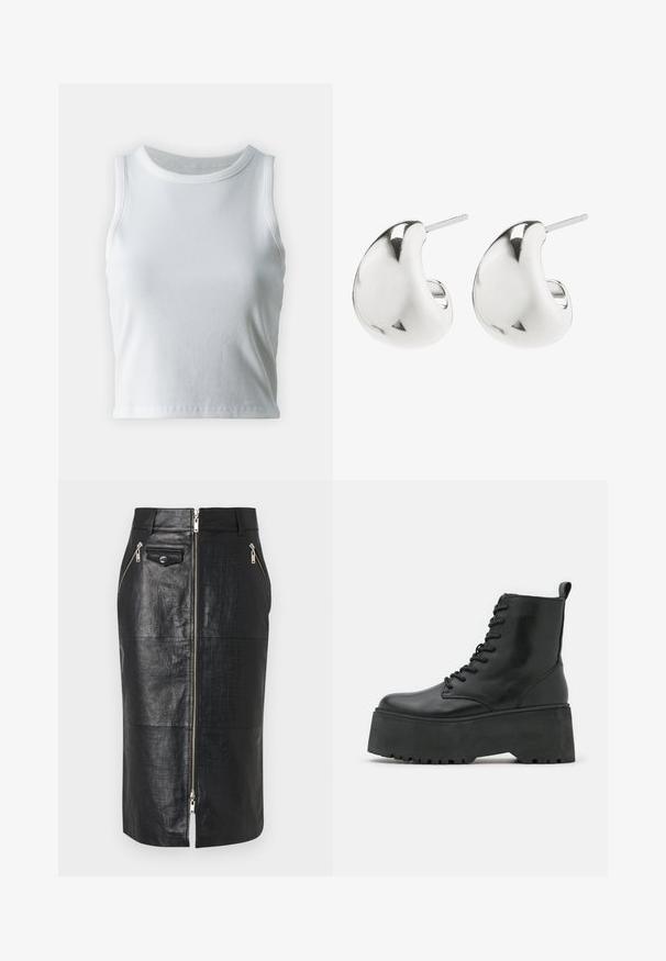 Balta raukšlėta liemenėlė be rankovių, su apvaliu iškirpimu, tiesiu apvadu ir lygiu, elastingu audiniu.; Juodas odinis pieštuko sijonas su krokodilo tekstūra, turintis priekinį užtrauktuką ir dvi šonines kišenes su užtrauktukais. Lygus paviršius ir prigludusi forma.; Juodos aulinės batai su masyviu platformos padu, pagaminti iš minkštos odos, su raištelių dizainu ir užtrauktuku gale.; Sidabriniai auskarai su glotnia, lenkta forma. Jie turi poliruotą paviršių ir kaištinę užsegimą, kad būtų saugu juos nešioti.