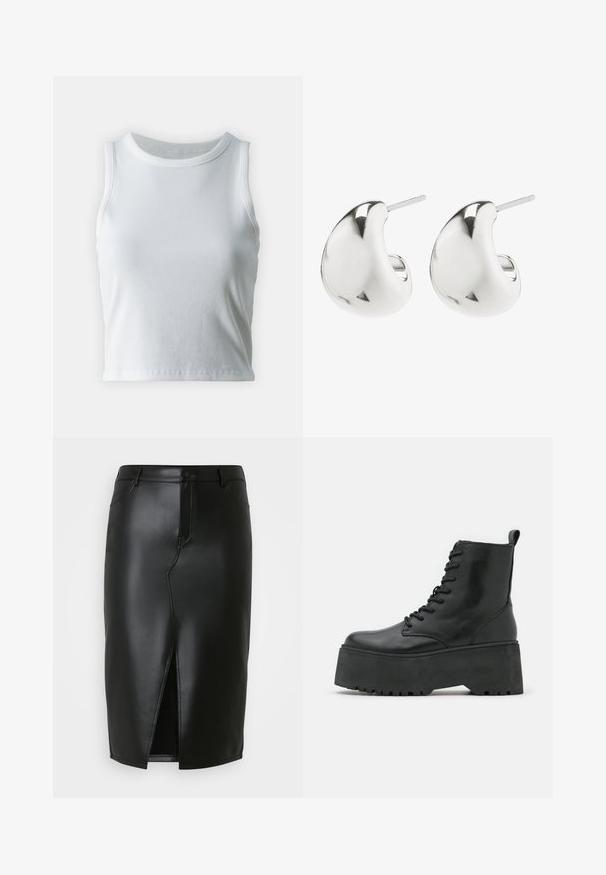 White ribbed tank top with a round neckline and sleeveless design, featuring a straight hem and a smooth, stretchy texture.; Black leather pencil skirt with a high slit, featuring front pockets, a button closure, and smooth texture.; Black ankle boots with a chunky platform sole, made of smooth leather, featuring a lace-up design and a pull tab at the back.; Silver stud earrings with a smooth, curved design. They feature a polished finish and a post backing for secure wear.