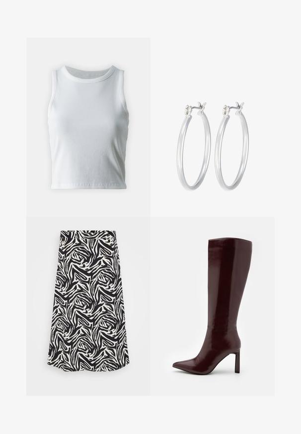 Vit ribbad linne med rund halsringning och ärmlös design, med en rak nederkant och en smidig, elastisk textur.; Svart och vit kjol med ett svängande zebramönster, med rak passform och fåll. Tillverkad av ett mjukt, lätt tyg.; Even&Odd Stövel - dark red; Silverfärgade hoopörhängen med en slät, polerad yta. Rund form och säker klickstängning. Lättviktig design som passar för vardagligt bruk.