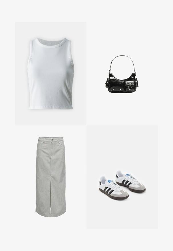Hvid ribbet tanktop med rund halsudskæring og ærmeløs design, med en lige kant og en glat, strækbar tekstur.; ONLY Denimnederdele - white; Sportsko med en overdel i hvid læder, grå ruskind på tåen og tre sorte striber. Har et blåt logo på tungen og en struktureret gummisål.; Sort patenteret læder håndtaske med en buet form, en skulderrem, frontlommer og hardware accenter i sølvfarve.