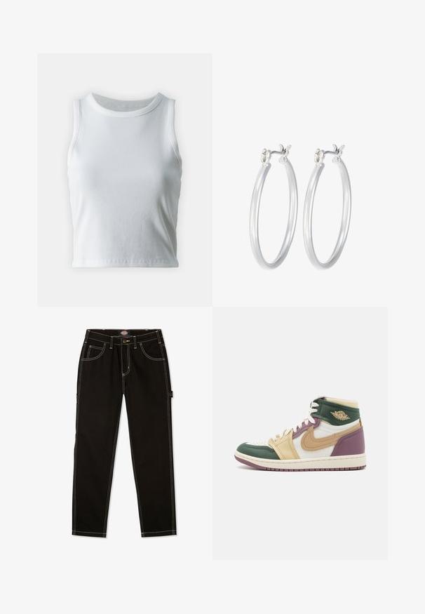 White ribbed tank top with a round neckline and sleeveless design, featuring a straight hem and a smooth, stretchy texture.; Black denim pants with contrast white stitching, five pockets, and a tab on the side. Standard fit, straight leg design.; High-top sneaker with green, beige, and burgundy leather panels, mesh tongue, perforated toe, and white laces. Iconic swoosh logo featured.; Silver hoop earrings with a smooth, polished finish. Round shape and secure click-top closure. Lightweight design suitable for everyday wear.