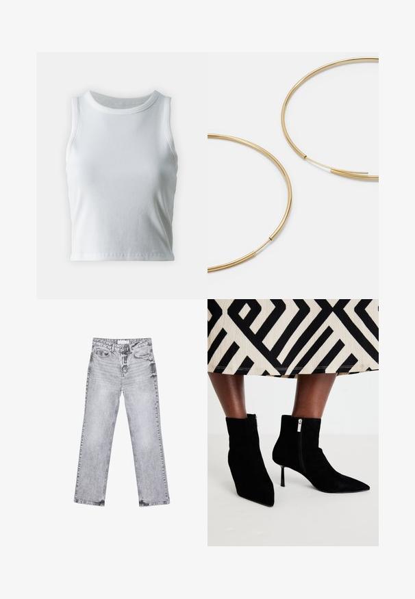 Biała, prążkowana koszulka na ramiączkach z okrągłym dekoltem i bez rękawów, z prostym dołem i gładką, elastyczną teksturą.; Szare dżinsy o prostym kroju nogawki, z przetarciami, pięcioma kieszeniami i miedzianymi nitami. Pasek w talii posiada metkę z logo.; Czarne zamszowe botki za kostkę z ostrymi noskami, szpilkami i bocznymi suwakami. Wizualna tekstura jest miękka; design jest smukły i dopasowany.; Złote kolczyki w kształcie cienkich okrągłych obręczy, o gładkim metalicznym wykończeniu, bez zdobień czy wzorów.