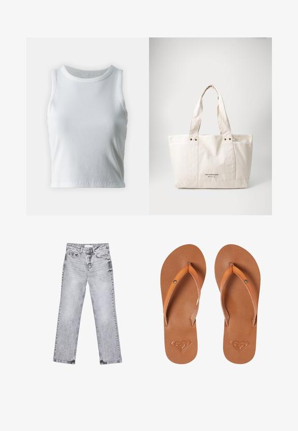 Débardeur blanc côtelé avec un décolleté rond et sans manches, présentant un ourlet droit et une texture lisse et extensible.; Jean en denim gris avec une coupe droite, des détails déchirés, cinq poches et des rivets en cuivre. La ceinture présente une étiquette de logo.; Tongs synthétiques marron avec des sangles orange, surface texturée et détail de logo en forme de cœur embossé sur la semelle.; Sac fourre-tout en toile beige clair avec deux poignées robustes, bord blanc contrastant et logo "THE NORTH FACE" en noir à l'avant.