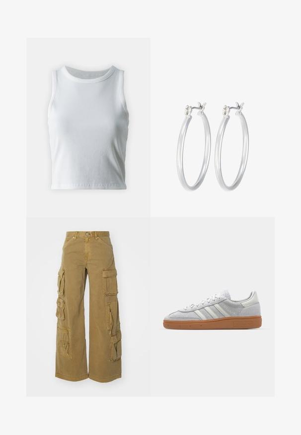 Valge ribadega kampsun, ümarate kaelustega ja ilma varrukateta, sirge äärisega ning sileda, veniva struktuuriga.; Pruunid cargo püksid, millel on laiad jalad, mitmed küljetaskud ja lukuga tasku detail. Valmistatud tugevast kangast, mis on sileda tekstuuriga.; Heledad hallhall kreemikas nähtav dress särk valgete nahka elementidega, kolm valget triipu ja pruun kummikreen, millel on mugavuse tagamiseks pehmendusega kaelus.; Hõbedased rõngaskõrvarõngad, millel on sile, läikiv viimistlus. Ümmargune kuju ja turvaline klõpsulatus. Kerge disain, sobib igapäevaseks kandmiseks.