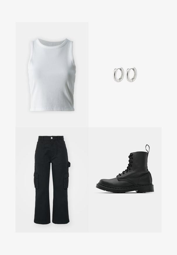 Vit ribbad linne med rund halsringning och ärmlös design, med en rak nederkant och en smidig, elastisk textur.; Svarta cargobyxor i bomull, med vida ben, två framfickor och sidofickor med lappar. Hållbart tyg med en slät textur.; Svart läderkampsko med rund tå, snörning fram och dragflik vid vristen. Har en tjock gummisula för hållbarhet.; Silverörhängen med en polerad yta, med en cirkelformad design och sömlösa gångjärn, med en slät textur.