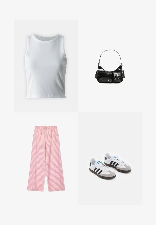 Bela rebrasta majica brez rokavov z okroglo izrezom, s pravo hem in gladko, elastično strukturo.; Roza prugasta hlače širokih nogavic z elastičnim pasom in vrvico. Tkanina se zdi lahkotna s pokončnimi pravokotnimi prugami v temnejši roza barvi.; Športni čevlji z belim usnjenim zgornjim delom, sivim semišem na prstih in tremi črnimi črtami. Imajo modro logo na jeziku in teksturiran gumijast podplat.; Črna lakasta usnjena torbica s ukrivljeno obliko, enim ramenskim trakom, sprednjimi žepi in srebrnimi kovinskimi dodatki.
