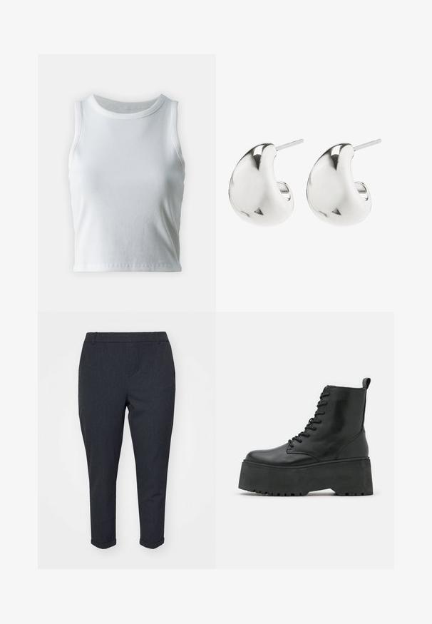 Débardeur blanc côtelé avec un décolleté rond et sans manches, présentant un ourlet droit et une texture lisse et extensible.; Pantalons gris foncé avec une coupe effilée, présentant une texture lisse, des ourlets retournés et des poches latérales. Apparence classique et ajustée.; Bottes noires jusqu'à la cheville avec une semelle épaisse en plateau, en cuir lisse, dotées d'un design à lacets et d'une languette à l'arrière.; Boucles d'oreilles en argent avec un design lisse et courbé. Elles présentent une finition polie et un fermoir à tige pour un port sécurisé.
