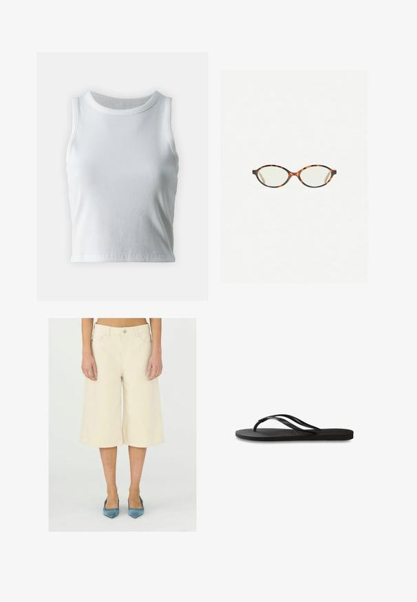Witte geribde tanktop met een ronde halslijn en mouwloos ontwerp, voorzien van een rechte zoom en een gladde, rekbare textuur.; Beige cropped wijde pijpen broek van denim stof, met een knoopsluiting in de taille, ceintuurlussen en steekzakken; gladde, egale textuur.; Zwarte flip-flop met een gestructureerde rubberen zool, twee slanke banden en een subtiele, ingedrukte logo-detail op de band.; Kattenoogbril met ovale lenzen en een strakke, gladde afwerking. Heeft dunne zijkanten met een subtiele kromming bij de slapen. Transparante lenzen.