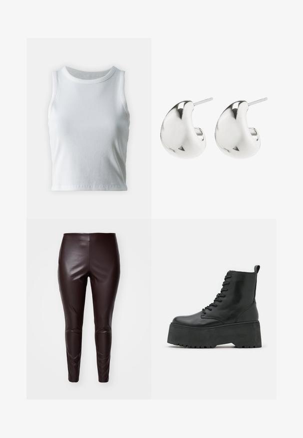 Bela rebrasta majica brez rokavov z okroglo izrezom, s pravo hem in gladko, elastično strukturo.; Rjave legice iz umetnega usnja z gladko teksturo, prilagojenim dizajnom in detajli na kolenih, z visokim pasom in zoženimi odprtinami za noge.; Črne gležnjarje na debelih podplatih, izdelane iz gladkega usnja, s vezalnim dizajnom in zanka za pomoč pri obuvanju na hrbtni strani.; Srebrne uhane s studom z gladkim, ukrivljenim dizajnom. Imajo polirano površino in zaponko za varno nošenje.