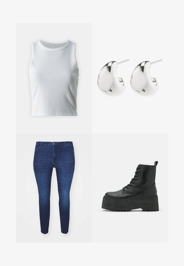 Bílý žebrovaný tílko s kulatým výstřihem a bezramínkovým designem, s rovnými lemy a hladkou, elastickou strukturou.; Tmavě modré slim-fit džíny se zapínáním na knoflíky a kapsami, zobrazené zepředu na bílém pozadí.; Černé kotníkové boty s robustní platformou, vyrobené z hladké kůže, se šněrovacími prvky a poutkem na zadní straně.; Stříbrné náušnice s hladkým, zakřiveným designem. Mají lesklý povrch a zapínání na jehlu pro bezpečné nošení.