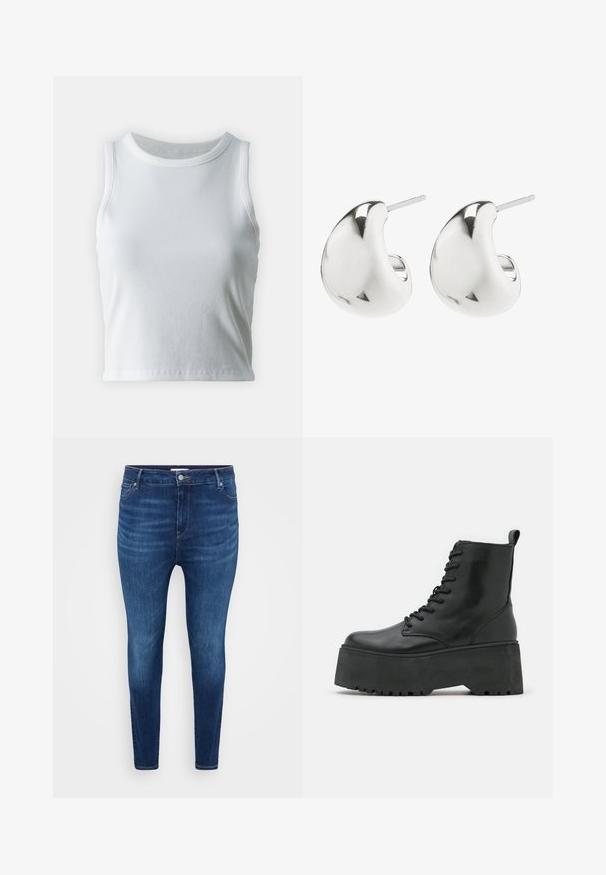 Balts ribots topiņš ar apaļu kakla izgriezumu un bez piedurknēm, ar taisnu apakšmalu un gludu, elastīgu struktūru.; Tumši zili šauri džinsi ar priekšējiem kabatām, jostu cilpiņām un pogu aizdari uz vienkārša gaiša fona.; Melni potītes zābaki ar masīvu platformu, izgatavoti no gludas ādas, ar šņorēšanas dizainu un cilpu aizmugurē.; Sudraba auskari ar gludu, izliekta dizaina. Tie ir ar pulētu apdari un ir aprīkoti ar aizdari, kas nodrošina drošu valkāšanu.