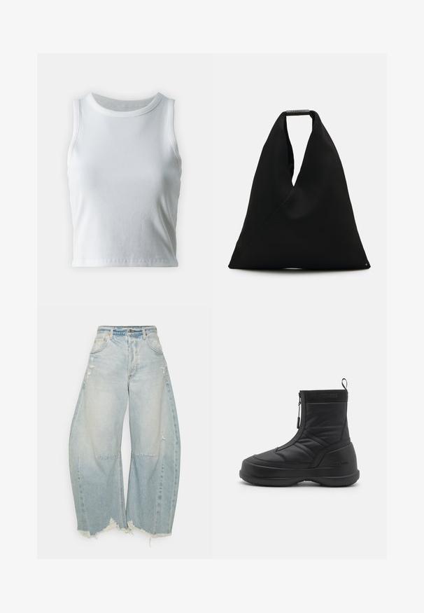 Valkoinen poimutettu hihaton toppi, jossa on pyöreä kaula-aukko, suora helma ja sileä, joustava materiaali.; Vaaleansiniset leveät farkut, joissa on haalistunut pesu, kuluneet yksityiskohdat ja purkautuva helma. Edessä taskut ja klassinen nappikiinnitys.; Musta vedenpitävä lumikenki, jossa on sileä synteettinen päällinen, vetoketjukiinnitys, pehmustettu kaulus ja teksturoitu kumipohja. Varustettu "MOON BOOT" -brändillä.; Mustat kangasnaisikkat, joissa on ainutlaatuinen V-muotoinen muotoilu ja sileä pinta. Varustettu lyhyellä kahvalla, jossa on minimalistinen metallikoriste.