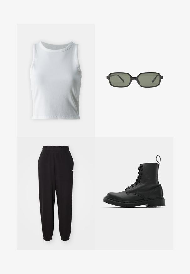 Biely rebrovaný top bez rukávov s okrúhlym výstrihom, so strapatým lemom a hladkou, elastickou textúrou.; Čierne tepláky z jemného materiálu, s rebrovaným pásom a elastickými manžetami na členkoch. Obsahujú malé logo na boku.; Čierna kožená bojová topánka s okrúhlou špičkou, šnurovaním na prednej strane a pútkom pri členku. Má hrubú gumovú podrážku pre trvanlivosť.; Čierne obdĺžnikové slnečné okuliare s tmavozelenými šošovkami, ktoré majú plochý dizajn, minimalistické bočné strany a ľahký rám pre pohodlie.