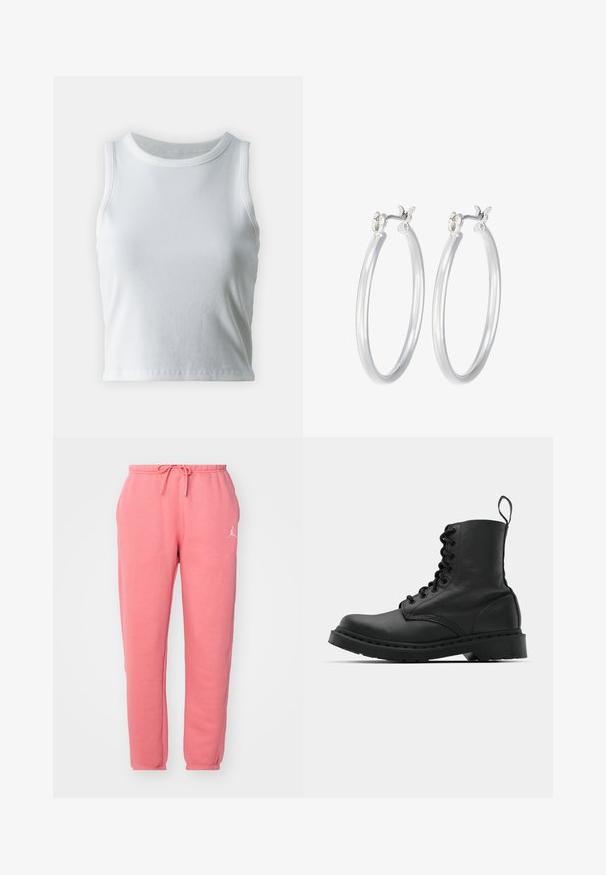 Biała, prążkowana koszulka na ramiączkach z okrągłym dekoltem i bez rękawów, z prostym dołem i gładką, elastyczną teksturą.; Różowe spodnie dresowe z elastycznym pasem i sznurkiem, z białym logo na lewej nogawce oraz gładką, miękką teksturą.; Czarne skórzane buty wojskowe z okrągłym noskiem, sznurowanym przodem i pętelką przy kostce. Posiadają grubą gumową podeszwę dla zwiększenia trwałości.; Srebrne kolczyki w formie kółek o gładkim, polerowanym wykończeniu. O okrągłym kształcie i pewnym zapięciu na klik. Lekka konstrukcja odpowiednia do codziennego noszenia.