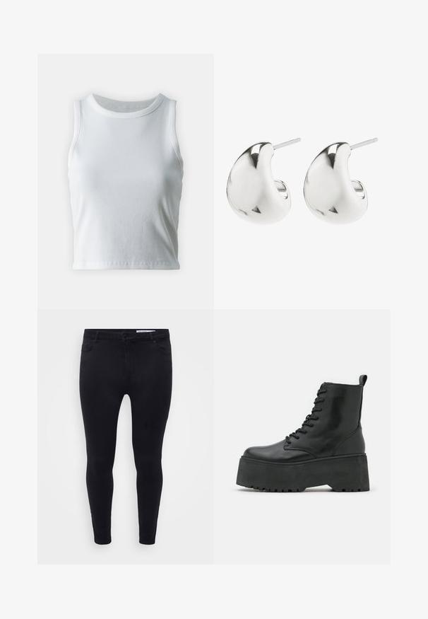 Top a canotta bianco a coste con scollatura rotonda e senza maniche, caratterizzato da un orlo dritto e una texture liscia e elastica.; Jeans neri slim-fit realizzati in denim elastico, dotati di chiusura frontale a bottone, passanti per cintura e cinque tasche con una texture liscia.; Stivaletti neri con suola platform spessa, realizzati in pelle liscia, con un design alla schiava e una linguetta sul retro.; Orecchini a perno in argento con un design liscio e curvo. Presentano una finitura lucida e un fermo a perno per un indossamento sicuro.