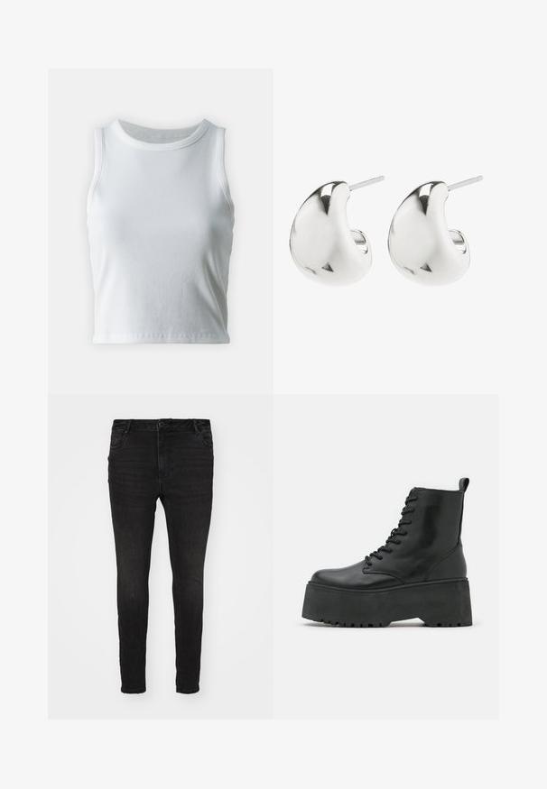 Balts ribots topiņš ar apaļu kakla izgriezumu un bez piedurknēm, ar taisnu apakšmalu un gludu, elastīgu struktūru.; Vero Moda Curve VMCFLASH SKINNY - Džegingi - black denim; Melni potītes zābaki ar masīvu platformu, izgatavoti no gludas ādas, ar šņorēšanas dizainu un cilpu aizmugurē.; Sudraba auskari ar gludu, izliekta dizaina. Tie ir ar pulētu apdari un ir aprīkoti ar aizdari, kas nodrošina drošu valkāšanu.