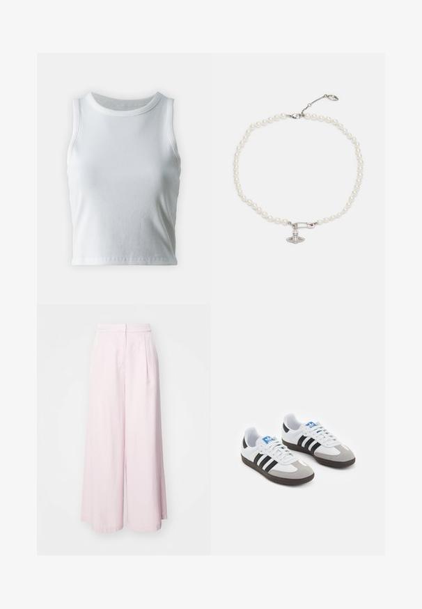 Bjela rebrasta majica bez rukava s okruglim izrezom i ravnim rubom, koja ima glatku i rastezljivu teksturu.; Svijetloružičaste hlače širokih nogavica s visokim pojasom, koje imaju prednje nabore i glatki pamuk. Nema vidljivih džepova niti ukrasa.; Sportske cipele s gornjištem od bijele kože, sivi suedinasti nos i tri crne pruge. Imaju plavi logo na jeziku i teksturiranu gumenu podlogu.; Perlasti ogrlica s sjajnim bijelim biserima, koja sadrži privjesak u obliku sigurnosne igle srebrne boje ukrašen prozirnim rhinestones. Zatvaranje na kopču s rajfom.