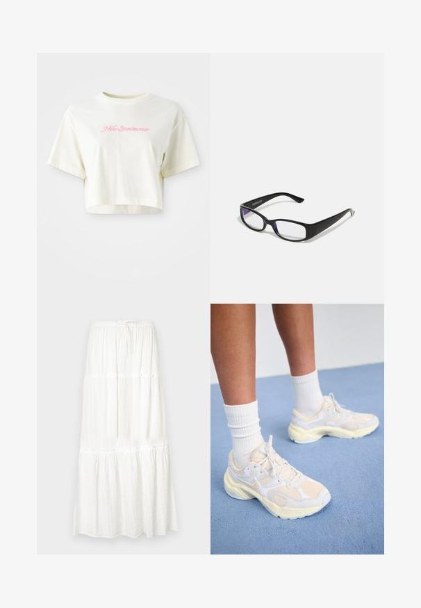 Korte, crèmekleurige t-shirt van katoen. Heeft een roze geborduurd logo met de tekst "Nike Sportwear." Korte mouwen en een ronde halslijn.; Witte maxi-rok met een gelaagd ontwerp, een elastische tailleband en een trekkoord. Gemaakt van lichtgewicht stof met een gestructureerde afwerking.; Slanke sportieve schoenen in lichtgeel en wit, met een combinatie van mesh- en synthetische materialen, een afgeronde vorm en gestructureerde zolen.; Zwarte rechthoekige bril met heldere glazen. Glanzende afwerking, smalle veren en paarse tint zichtbaar aan de randen van de glazen.