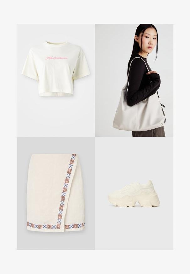 Lühendatud, kreemjas värvi t-särk, mis on valmistatud puuvillast. Omab roosa tikandiga logot, millel on kiri "Nike Sportwear". Lühikesed varrukad ja ümmargune kaelus.; Kreemivärvi wrap seelik, millel on tekstuuriga kangas ja millel on ühe külje ääres prinditud piir, kus on pruuni ja sinise geomeetrilise mustriga kujundid.; Paksud valged tennised, mis on valmistatud tekstureeritud võrgu- ja sünteetilistest materjalidest, pakuvad paksu tallaga ja keerukat mustrit külgedel.; Bež käekott pehme materjali, millel on lõtv disain, õmblustega detailid ja kaks õlarihma. Sobib igapäevaseks kasutamiseks.