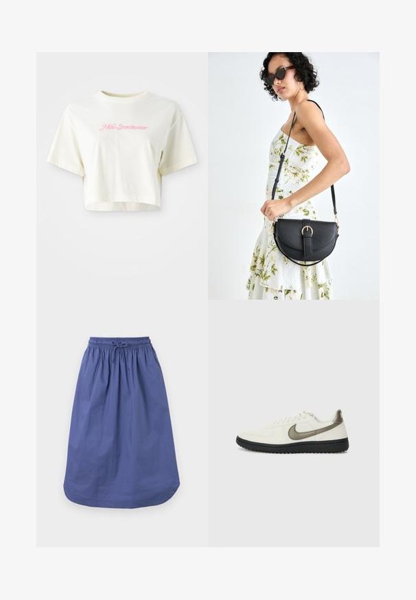 Trumpas, kreminės spalvos marškinėliai, pagaminti iš medvilnės. Puošti rožiniu siuvinėtu logotipu su užrašu "Nike Sportwear." Trumpomis rankovėmis ir apvaliu kaklu.; Mėlyna medvilninė sijonas su elastinga juosta ir raišteliu. A formos, iki kelių ilgio, lygia tekstūra, be raštų ar akcentų.; Nike Sportswear FIELD GENERAL - Sportbačiai - off-white/black; Juodas odinis krepšys su išlenkta forma, nuimamu dirželiu ir auksiniais detalėmis. Krepšys turi kilpą su sagtimi.