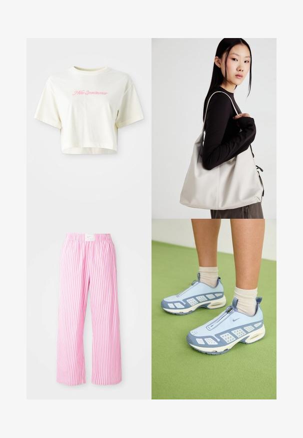 T-shirt cortada, de cor creme, feita de algodão. Apresenta um logo bordado em rosa que diz "Nike Sportwear". Com mangas curtas e gola redonda.; Calças listradas em rosa e branco com um cós elástico. Feitas de um material leve, com um design descontraído e perna larga.; Sapatos de desporto azul claro com acabamento branco, painéis texturizados e fecho de zíper. Apresentam uma sola com amortecimento visível e sola em borracha.; Uma bolsa bege feita de material macio, com um design descontraído, detalhes de costura e duas alças para o ombro. Adequada para uso diário.