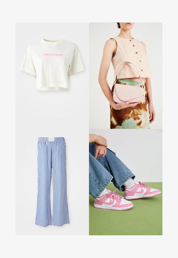 Rövid ujjú, krém színű, pamutból készült póló. A bal mellrészen rózsaszín hímezett logó található, amelyen a "Nike Sportwear" felirat olvasható. Kerek nyakú.; Kék és fehér csíkos, laza fazonú nadrág, könnyű anyagból készült, rugalmas derékpánttal és diszkrét logócímkével.; Rózsaszín és fehér Nike sneaker, bőr és hálós anyagokból készült, kontrasztos formákkal, kerek orrával, valamint illeszkedő rózsaszín fűzőkkel és díszítésekkel.; Rózsaszín bőr kézitáska ívelt fedéllel, egyetlen vállpánttal és letisztult vonalakkal. A táska sima textúrával és minimalista dizájnnal rendelkezik.