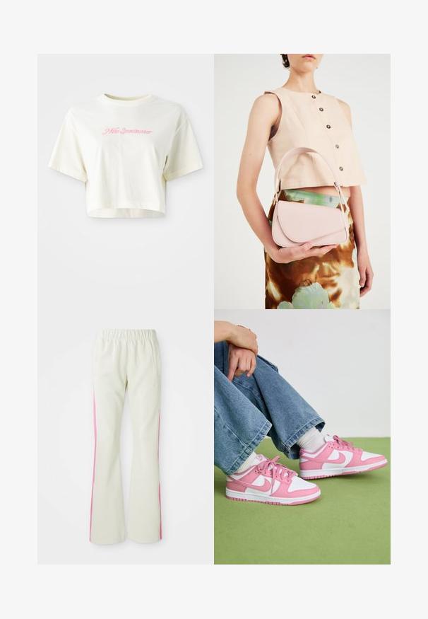 Tricou scurt, de culoare crem, realizat din bumbac. Prezintă un logo brodat roz care spune "Nike Sportswear". Are mâneci scurte și guler rotund.; Pantaloni bej deschis cu talie elastică, având panouri laterale roz și buzunare laterale. Textură netedă cu un design drept.; Adidași Nike roz și albi, din materiale din piele și plasă, cu designuri contrastante, vârf rotund și șireturi și accente roz asortate.; Geantă de piele roz cu clapetă curbată, curea simplă pentru umăr și linii curate. Geanta prezintă o textură netedă și un design minimalistic.