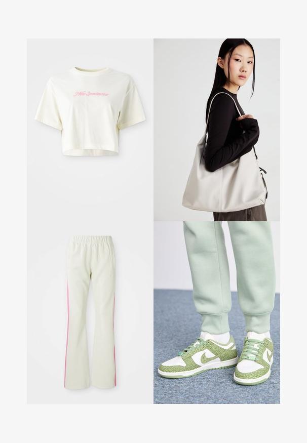 Rövid ujjú, krém színű, pamutból készült póló. A bal mellrészen rózsaszín hímezett logó található, amelyen a "Nike Sportwear" felirat olvasható. Kerek nyakú.; Világos bézs színű nadrág, elasztikus derékrésszel, rózsaszín oldalsávokkal és oldalzsebekkel. Sima felület, egyenes lábdesign.; Zöld és fehér sportcipő, texturált mintával, fehér orrésszel és cipőfűzőkkel, világos zöld melegítőnadrággal és zoknival párosítva.; Puha anyagból készült bézs kézitáska, laza dizájnnal, varrott részletekkel és két vállpánttal. Mindennapi használatra alkalmas.