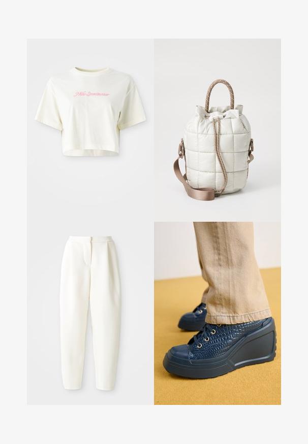 Izgriezta, krēmkrāsas T-kreklu, kas izgatavots no kokvilnas. Piedāvā rozā izšūtu logotipu ar uzrakstu "Nike Sportwear". Īsas piedurknes un apaļa izgriezuma kakla vieta.; Augstas jostas līnijas, sašaurināti balti bikses ar slēptu priekšējo aizdari un sānu kabatām, attēloti uz vienkrāsaina balta fona.; Jūras spēku stila iešļūcenes ar strukturētu krokodila rakstu, zelta acīm un gumijas pirkstgaliem, kopā ar beigu auduma biksēm.; Pīrāgojuma gaiši beidžs soma ar savilktu augšpusi, kas aprīkota ar bizīgām rokturiem un noņemamu siksnu. Gluda tekstūra ar maigu spīdumu.