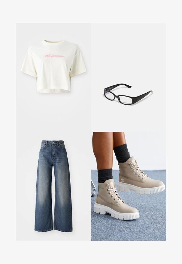 Krátky, smotanový tričko vyrobené z bavlny. Obsahuje ružový vyšívaný logotyp s nápisom "Nike Sportwear." Krátke rukávy a okrúhly výstrih.; Modré džíny s vysokým pásom a širokými nohavicami, s predným zapínaním na gombíky a vreckami, so svetlým vypálením na stehnách a rovným lemom.; Bežové členkové topánky vyrobené z textilu, s bielou robustnou podrážkou, okrúhlym špičkou a kovovými očkami. Navrhnuté s logom na boku.; Čierne obdĺžnikové okuliare s priehľadnými šošovkami. Lesklý povrch, úzke ramená a fialový nádych viditeľný na okrajoch šošoviek.