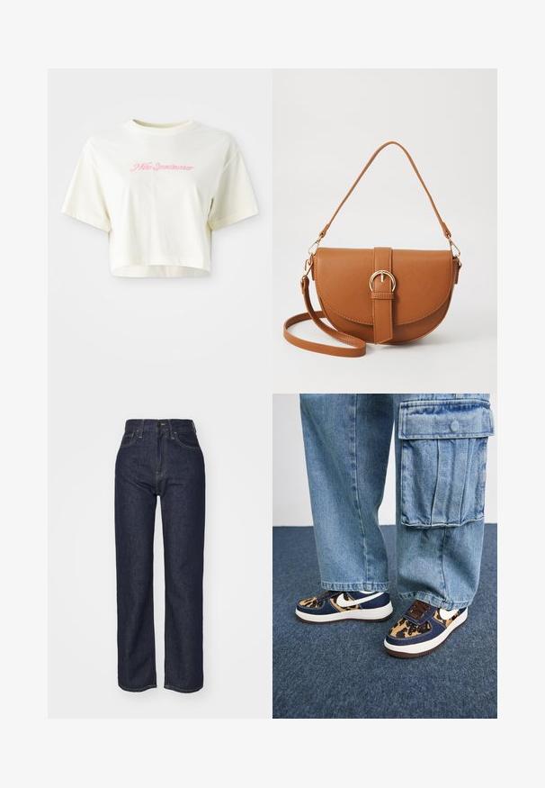 Skraćena, krem boje majica od pamuka. Ima ružičasti izvezeni logo s natpisom "Nike Sportwear." Kratki rukavi i okrugli izrez.; Tamno plave traperice visokog struka s ravnim nogavicama, vidljivim šavovima, pet džepova i prednjim kopčanjem na dugme.; Tamno plave tenisice s akcentima u uzorku leoparda, bijeli Nike swoosh, smeđi vezice i bijela srednja potplata. Uparene s svijetloplavim trapericama cargo.; Smeđa kožna torba preko tijela s zakrivljenim oblikom, zlatnim metalnim detaljima i naglaskom na kopču. Ima odvojivu naramenicu.