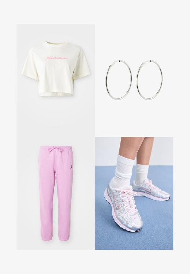 Krátky, smotanový tričko vyrobené z bavlny. Obsahuje ružový vyšívaný logotyp s nápisom "Nike Sportwear." Krátke rukávy a okrúhly výstrih.; Svetlo ružové tepláky vyrobené z mäkkej tkaniny, s elastickým pásom na šnúrku a malým čiernym logom na ľavom stehne.; Bežecké tenisky Nike s strieborným sieťovaným vrchom a ružovými akcentmi, bielymi šnúrkami a štruktúrovanou podrážkou. Nosí sa s bielymi bavlnenými športovými ponožkami.; Strieborné kruhové náušnice s hladkým, lesklým povrchom. Kružnicový tvar, rovnomerná šírka, navrhnuté pre jednoduché zapínanie. Jednoduché a elegantné.