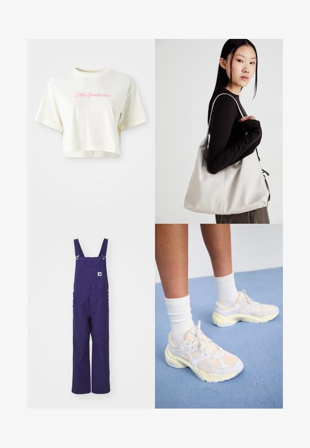 Camiseta cortada de color crema hecha de algodón. Presenta un logo bordado en rosa que dice "Nike Sportwear". Mangas cortas y un escote redondo.; Carhartt WIP BIB OVERALL STRAIGHT - Peto - aura rinsed; Zapatos deportivos elegantes en amarillo pálido y blanco, con materiales de malla y sintéticos, una forma redondeada y suelas texturizadas.; Bolso de mano beige hecho de material suave, con un diseño holgado, detalles cosidos y dos asas. Adecuado para uso diario.; Pendientes de aro plateados con un diseño redondo y liso, y un acabado pulido. Son delgados y ligeros, y cuentan con un sencillo cierre de gancho.