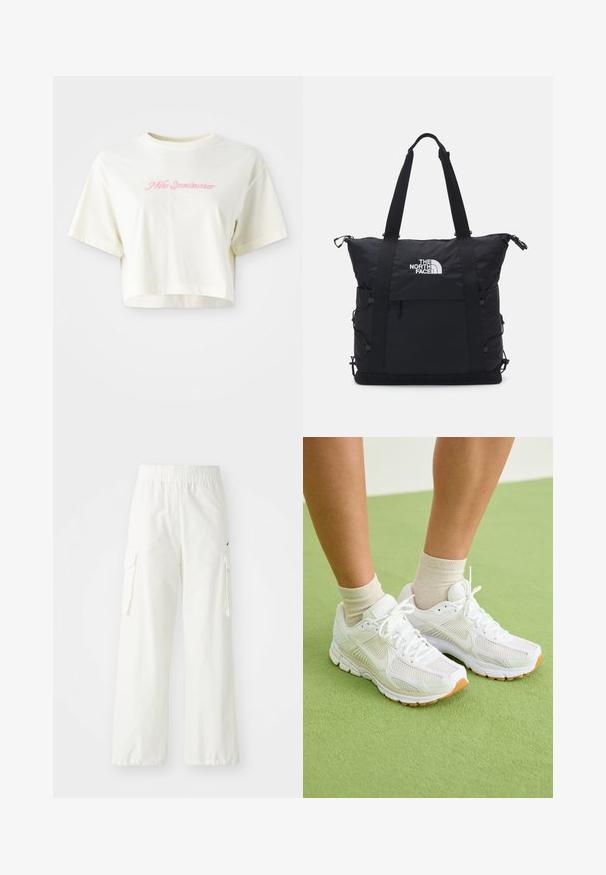 T-shirt cortada, de cor creme, feita de algodão. Apresenta um logo bordado em rosa que diz "Nike Sportwear". Com mangas curtas e gola redonda.; Calças cargo brancas com um design de perna larga, apresentando uma cintura elástica e bolsos laterais. Tecido texturizado com um acabamento suave.; Sapatos de atletismo brancos com tecido em malha, solas de borracha e detalhes em bege. Usados com meias de cor clara numa superfície verde.; Saco tote preto com design acolchoado, fecho em zíper superior, duas alças curtas e logotipo na frente; possui bolsos laterais e alças ajustáveis.