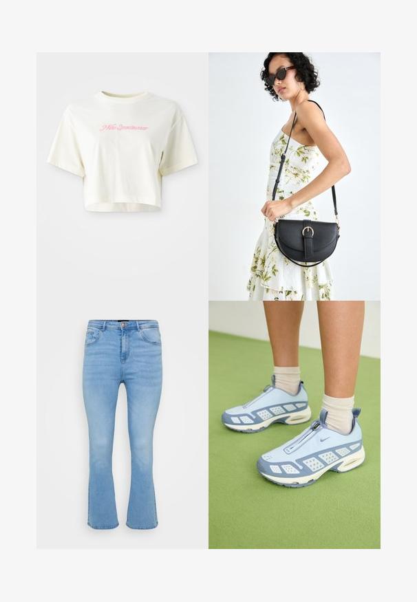 T-shirt cortada, de cor creme, feita de algodão. Apresenta um logo bordado em rosa que diz "Nike Sportwear". Com mangas curtas e gola redonda.; Jeans flare azul claro em denim de algodão. Apresenta uma cintura alta, cinco bolsos e costura visível ao longo das costuras e da bainha.; Sapatos de desporto azul claro com acabamento branco, painéis texturizados e fecho de zíper. Apresentam uma sola com amortecimento visível e sola em borracha.; Bolsa de couro preta com forma curva, alça destacável e detalhes em dourado. A bolsa possui uma aba com detalhe de fivela.