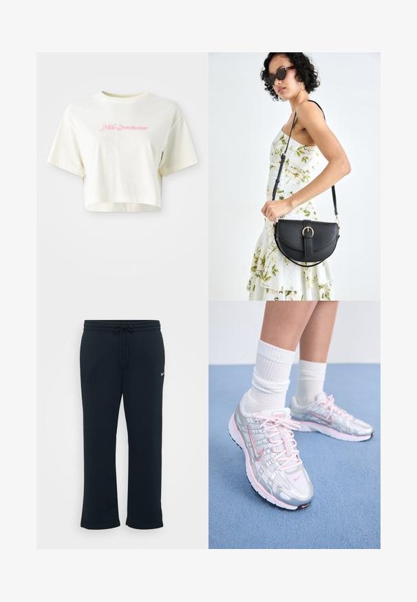 Trumpas, kreminės spalvos marškinėliai, pagaminti iš medvilnės. Puošti rožiniu siuvinėtu logotipu su užrašu "Nike Sportwear." Trumpomis rankovėmis ir apvaliu kaklu.; Juodos sportinės kelnės su elastingu juosmeniu ir reguliuojama raišteliu. Kairėje pusėje yra mažas baltas Nike logotipas. Minkšta audinio tekstūra.; Nike bėgimo batai su sidabriniu tinkleliu ir rožiniais akcentais, balta raišteliu ir tekstūruotu padu. Dėvimi su baltais medvilniniais sportiniais kojiniais.; Juodas odinis krepšys su išlenkta forma, nuimamu dirželiu ir auksiniais detalėmis. Krepšys turi kilpą su sagtimi.