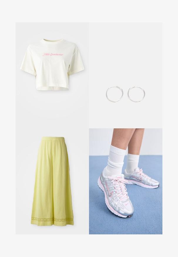 T-shirt tagliato di colore crema, realizzato in cotone. Presenta un logo ricamato rosa che dice "Nike Sportwear." Maniche corte e scollo rotondo.; Pantaloni gialli a gamba larga realizzati in tessuto texturizzato con vita elastica. Presentano un dettaglio a uncinetto all'orlo.; Scarpe da corsa Nike con tomaia in rete argentata e dettagli rosa, stringhe bianche e suola testurizzata. Indossate con calzini sportivi in cotone bianchi.; Orecchini a cerchio in argento con un design rotondo e elegante, caratterizzati da una superficie liscia e senza decorazioni visibili. Diametro non specificato.