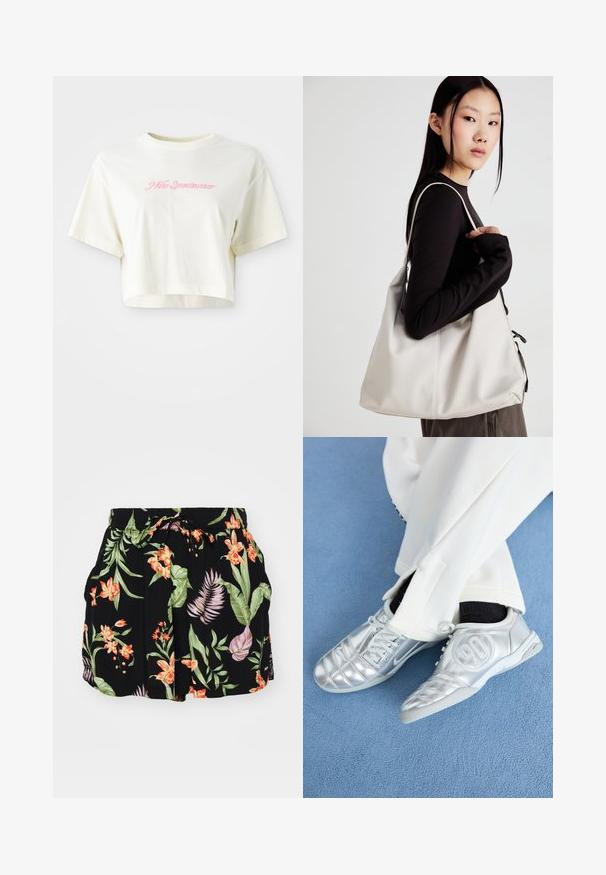 Cropped, cream-colored t-shirt made of cotton. Features a pink embroidered logo that reads "Nike Sportwear." Short sleeves and a round neckline.; Black shorts featuring a colorful floral pattern with orange and green elements, elastic waistband with a drawstring, and side pockets.; Silver athletic shoes with a smooth, shiny finish, featuring a stitched design and the number 90 on the side, paired with white pants.; Beige handbag made of soft material, featuring a slouchy design, stitched detailing, and two shoulder straps. Suitable for everyday use.