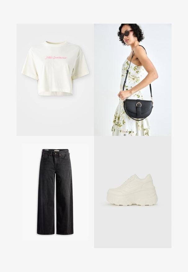 Cropped, cream-colored t-shirt made of cotton. Features a pink embroidered logo that reads "Nike Sportwear." Short sleeves and a round neckline.; Black wide-leg jeans made of denim, featuring a high waist, four pockets, copper rivets, and contrast stitching along the seams.; White platform sneakers featuring a smooth leather-like upper, rounded shape, padded collar, and textured rubber sole with defined treads.; Black leather handbag with a curved shape, detachable strap, and gold hardware. The bag features a flap with a buckle detail.