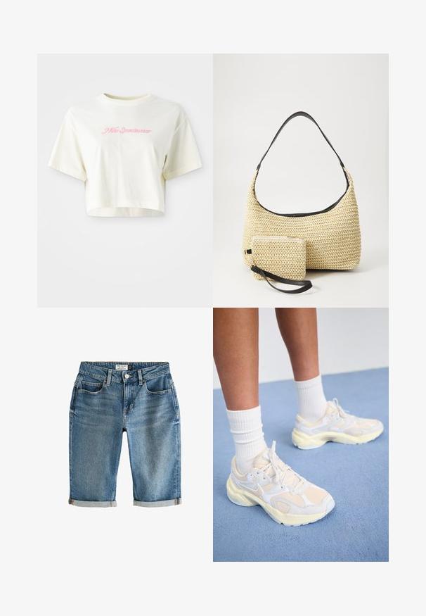 Skraćena, krem boje majica od pamuka. Ima ružičasti izvezeni logo s natpisom "Nike Sportwear." Kratki rukavi i okrugli izrez.; Plavi traper hlače do koljena s preklopom na rubu, pet džepova i metalnim kopčanjem. Tkanina ima blago izbljeđeni izgled.; Elegantne atletske cipele u svijetložutoj i bijeloj boji, s mrežastim i sintetičkim materijalima, zaobljenim oblikom i teksturiranim potplatima.; Tkana torba od slame s zakrivljenom siluetom, koja sadrži glatku crnu kožnu naramenicu i odgovarajući mali neseser koji je pričvršćen narukvicom.