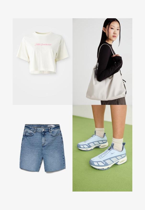Beskåret kremfarget t-skjorte laget av bomull. Har en rosa brodert logo med teksten "Nike Sportswear." Korte ermer og rund hals.; Lyseblå denimshorts med høy midje, fem lommer og rett snitt. Har knappeåpning og minimal slitasje i kanten.; Lyseblå treningssko med hvite detaljer, strukturerte paneler og glidelås. Har en synlig luftputesåle og gummisåle.; Beige håndveske laget av mykt materiale, med en slapp design, sydd detaljer og to skulderstropper. Passer for daglig bruk.